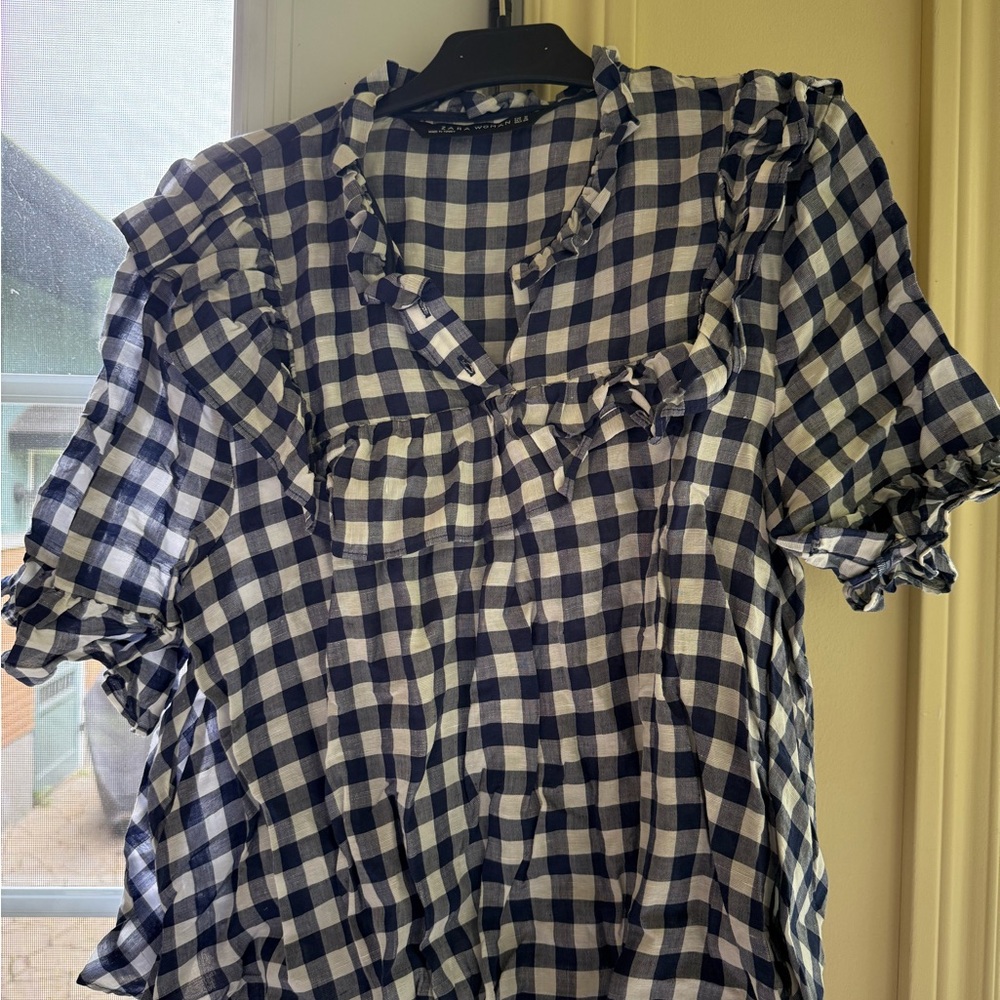 Zara White and Blue Ruffled Bib Collar Blouse